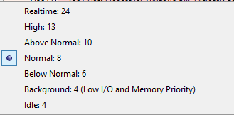 Auswahl der Prozesspriorität im CPU Process Affinity Auswahlmenü im Microsoft SysInternals Process Explorer