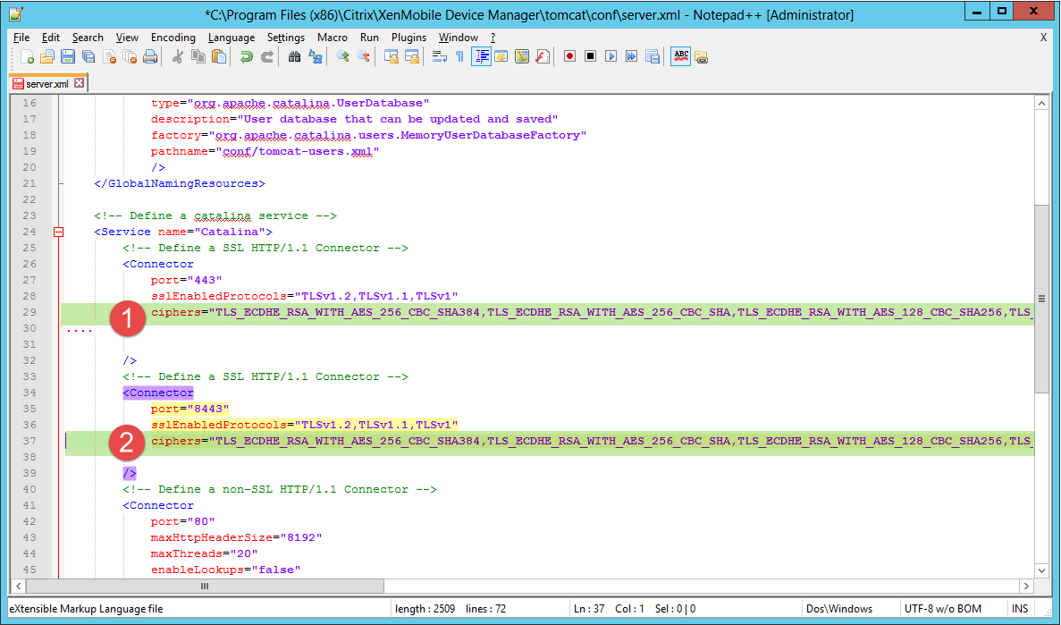 Konfigurieren von Cipher Suites auf dem Citrix XenMobile Device Manager