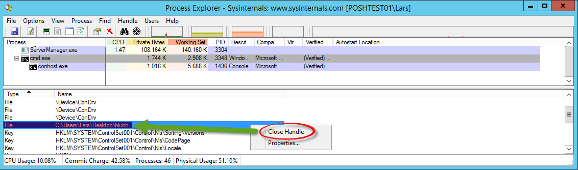 Close Handle Dialog im Microsoft SysInternals Process Explorer