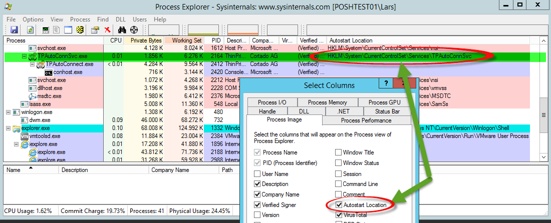 Services im Properties Menü des Prozesses im Microsoft SysInternals Process Explorer
